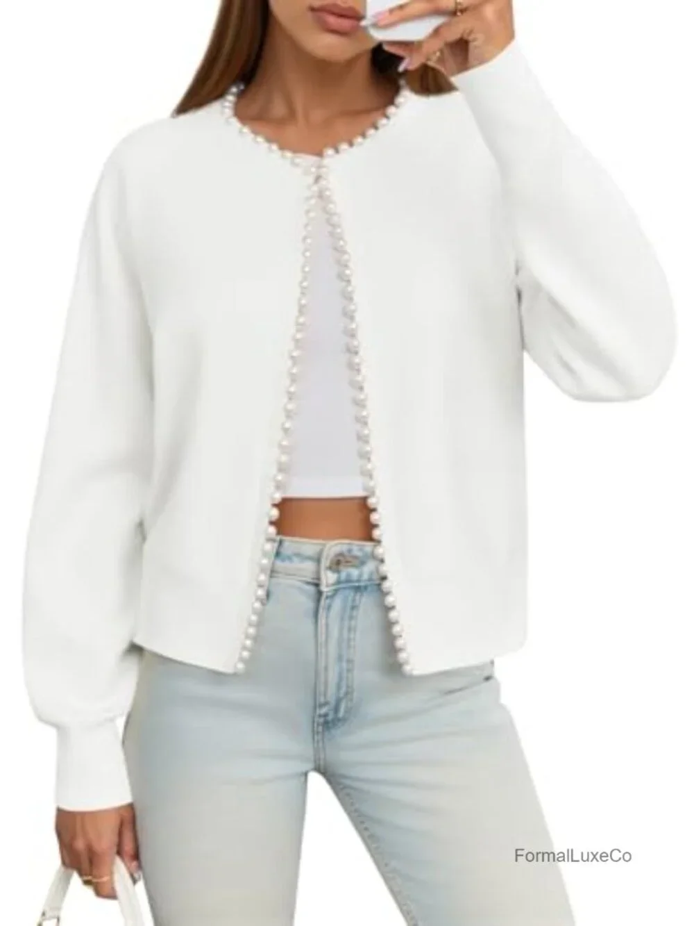 Women's Pearl Trim Cardigan Open Front Long Sleeve Knit Sweater